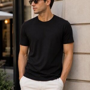 Olliver Grey Black Mako Cotton Crew Neck T Shirt Made in Italy Size Medium